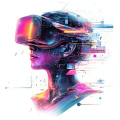 Poster - Digital Reality:  A stylized portrait of a person wearing a virtual reality headset, blending technology and the human form, symbolizing the fusion of innovation and experience.