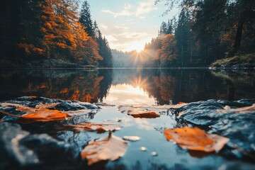 Leinwandbilder - Sunrise over serene lake surrounded by autumn foliage reflecting in still water. Generative AI