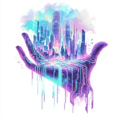 Poster - city in the palm: a futuristic cityscape, radiating with vibrant colors and intricate details, rests