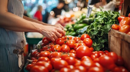 Aufkleber - Fresh tomatoes being selected at a bustling local market in summer with colorful vegetables surrounding the stand. Generative AI