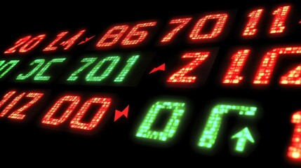Poster - floating stock ticker symbols and arrows showing stock price fluctuations in a digital market enviro