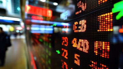 Poster - floating stock ticker symbols and arrows showing stock price fluctuations in a digital market enviro