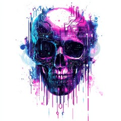 Poster - Cyber Skull: A visually striking digital artwork of a skull, overlaid with intricate circuit board patterns and vibrant neon hues, representing the fusion of technology and mortality.