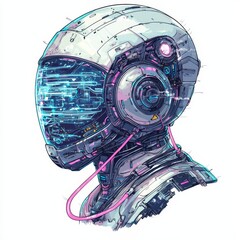 Poster - Cybernetic Head: Futuristic robot head with a transparent visor displaying digital data streams, set against a sleek and modern design.