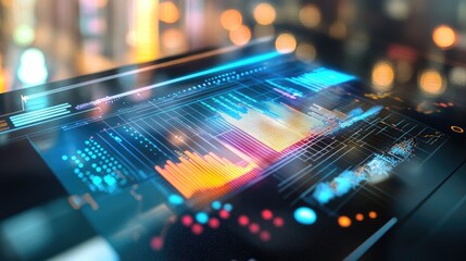 Poster - Futuristic holographic touch screen displaying customer insights and interaction trends, no people