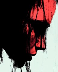 Poster - Silhouette of a woman with dramatic red and black colors against a light background in an artistic portrayal. Generative AI