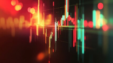 Poster - Market volatility concept with red and green candlestick charts, financial data, and economic fluctuation indicators
