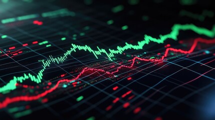 Poster - Market volatility concept with red and green candlestick charts, financial data, and economic fluctuation indicators