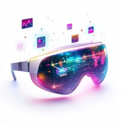 Poster - Immersive VR Spectacle: A sleek virtual reality headset is the focal point, displaying a dazzling array of digital interfaces, charts, and interconnected data streams