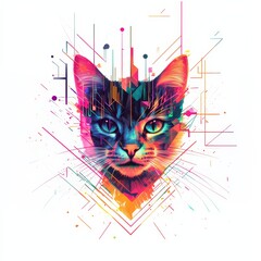 Poster - geometric cat portrait: a vibrantly colored cat's face, meticulously composed with geometric shapes 
