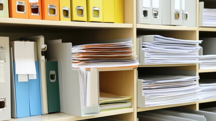 Poster - Office workspace with printed risk management reports, legal compliance documents, and financial trend analysis