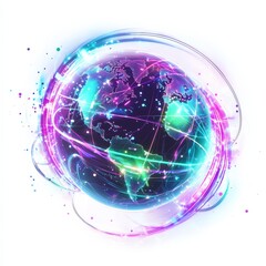 Poster - Global Network: A vibrant, stylized Earth globe pulsates with neon energy lines, symbolizing global connectivity and the digital age. This image is perfect for representing technology, communication.