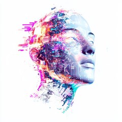 Poster - digital awakening: a captivating digital artwork presents a human face overlaid with vibrant, dynami