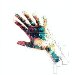 Poster - Cybernetic Touch: An artistic representation of a hand with vibrant circuitry patterns overlaid, blending human form with technological elements. Capturing the fusion of humanity and technology.