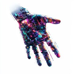 Poster - Digital Touch: A conceptual image of a robotic hand, intricately overlaid with a vibrant cityscape, represents the convergence of technology, human interaction, and futuristic innovation.