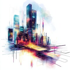 Poster - Urban Symphony: A vibrant artistic rendering of a modern cityscape, alive with color and the energy of innovation and growth.
