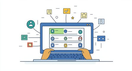 Poster - Illustration of a person interacting with laptop and digital icons