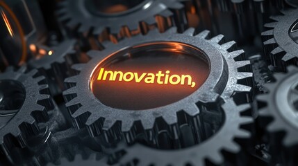 Poster - Spinning gears with a glowing center labeled Innovation, symbolizing smooth business transition, no people
