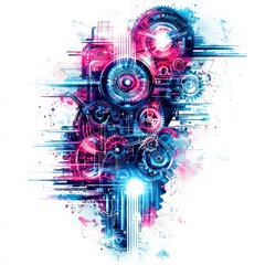 Poster - Mechanical Abstraction: A vivid representation of interconnected gears and industrial components, rendered in a stunning fusion of neon colors, suggests a concept of technological innovation, synergy.