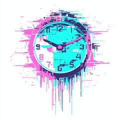 Poster - clock glitch: a digital clock design undergoes a visual glitch effect, rendered in vibrant, contrast