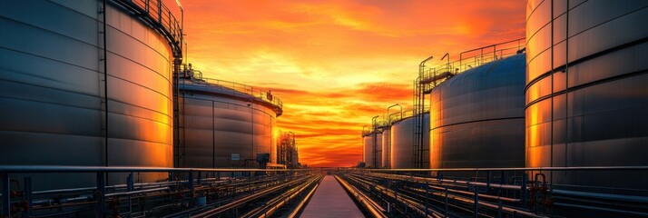 Poster - Industrial gas storage tanks illuminated by sunset against a warm orange sky. Generative AI