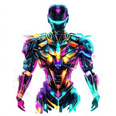 Poster - Cybernetic Guardian: A striking depiction of a futuristic cyborg, radiating with vibrant neon lights and intricate details, embodying the fusion of human and machine.