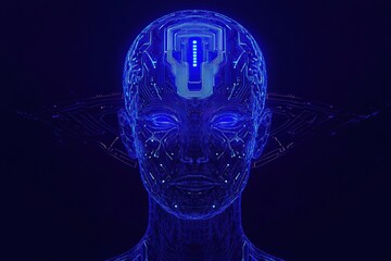 Aufkleber - Silhouette of a human head featuring a detailed circuit board pattern and glowing neon lines in a futuristic AI design. Generative AI