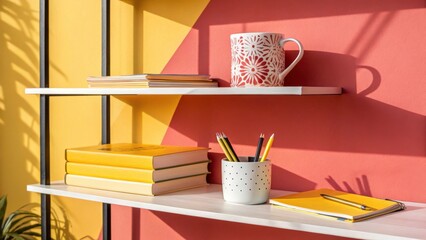 Sticker - A sleek, minimalist office shelf set against a bold, gradient background of coral pink and mustard yellow