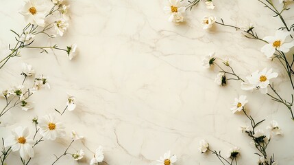Poster - Delicate White Flowers Arranged on a Light Marble Surface Creating a Serene and Natural Aesthetic
