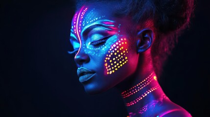 Wall Mural - A neon-painted Caucasian woman stands out in the pitch-black void, her UV body paint patterns resembling futuristic tribal designs glowing brightly.