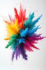Poster - Colorful powder explosion with vibrant rainbow clouds on white background. Abstract burst with many-coloured dust particles. Splash of color dynamic spray for holi, hinduism festivals.