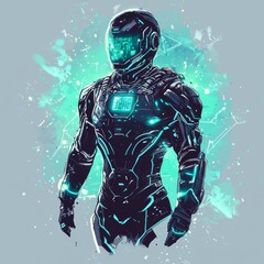 Poster - Cybernetic Guardian: A futuristic armored figure, radiating a luminous glow, stands poised amidst a dynamic backdrop, symbolizing technological advancement and safeguarding.