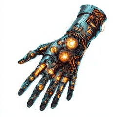 Poster - Cybernetic Hand: A close-up view of a highly detailed cybernetic hand, crafted with intricate mechanical components and glowing circuitry, representing the fusion of technology and the human form