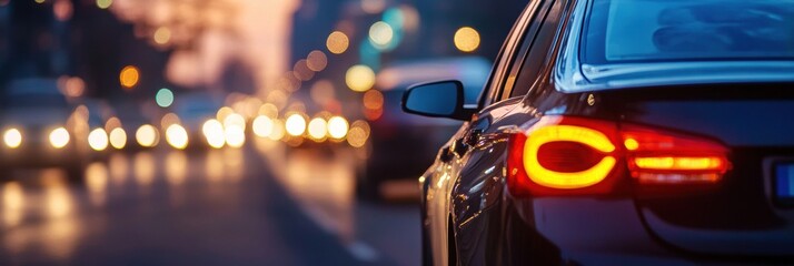 Aufkleber - Evening traffic with glowing tail lights and blurred city lights creating a vibrant urban atmosphere. Generative AI