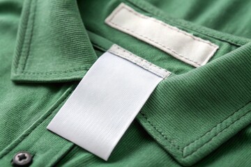 Green fabric garment, white clothing label, close-up textile detail, fashion tag, emerald polo shirt collar, product labeling, clothing care instructions, fabric texture, apparel manufacturing
