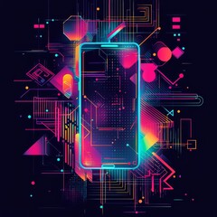 Poster - Digital Symphony: A sleek smartphone is at the heart of this vibrant, futuristic display, showcasing a network of technological connections and a neon-lit design.