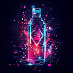 Poster - neon water bottle: a vibrant, artistic rendering of a water bottle glows with neon colors, showcasin