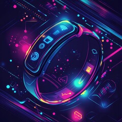 Poster - Smartwatch Technology: A futuristic illustration of a sleek smartwatch, pulsating with vibrant neon colors and displaying a range of technological functions.