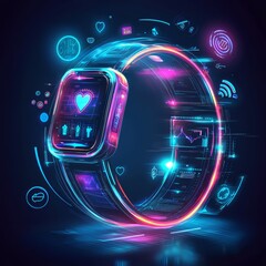 Poster - Smartwatch in Cyber World: A futuristic smartwatch glows with vibrant neon colors, depicting health data and connectivity, seamlessly merging technology with human well-being. 