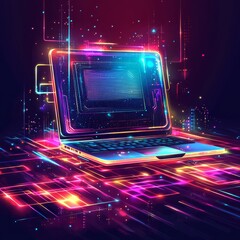 Poster - digital interface: a futuristic laptop glows with a dynamic neon-lit interface, showcasing cutting-e