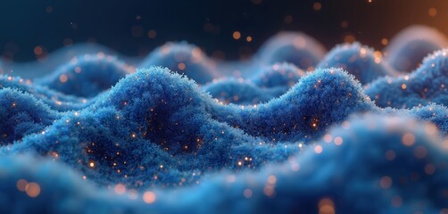 Leinwandbilder - Blue glitter wave with blurred lights bokeh. Abstract digital art. Concept of a digital ocean, wave or sea. Futuristic wallpaper, space background, presentation template, modern style poster.