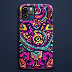 Poster - colorful phone case: a vibrantly adorned phone case displaying a complex pattern of abstract forms, 
