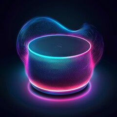 Poster - neon sound: a futuristic sound device pulses with vibrant neon lights against a dark backdrop, sugge