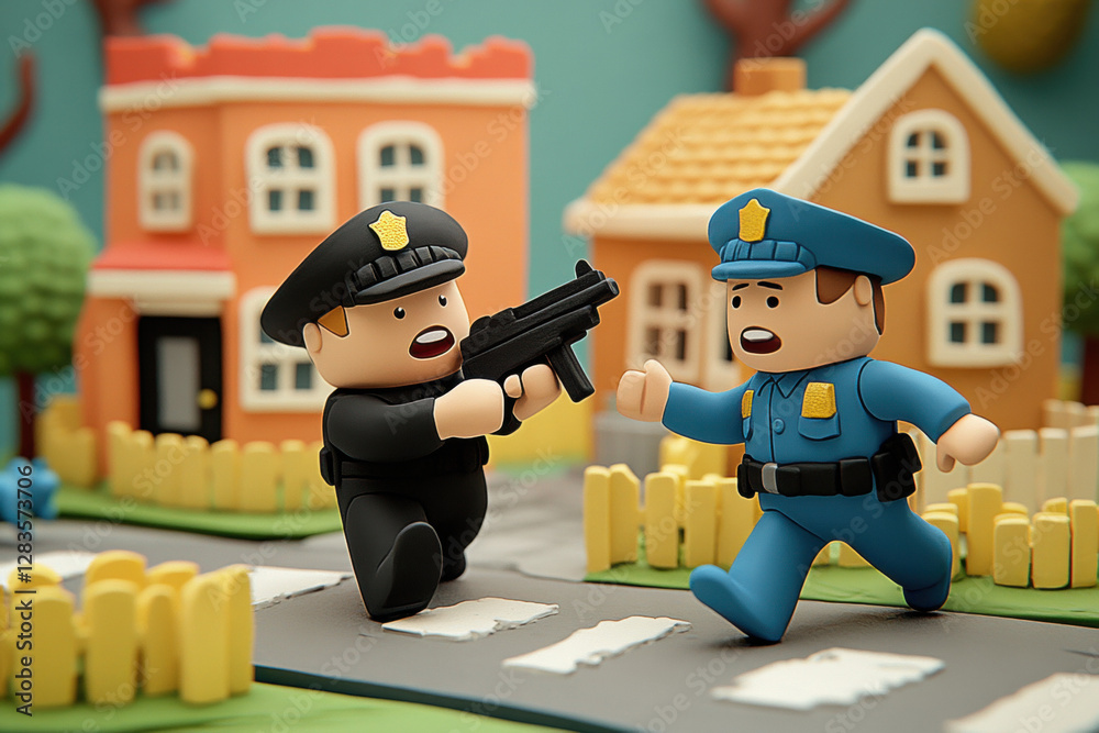 Claymation police, A claymation police officer chasing a thief in a ...