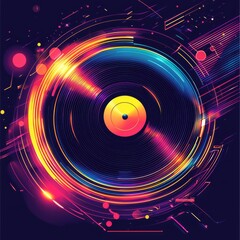 Poster - Melody of Light: A vibrant and dynamic artwork depicts a vinyl record, illuminated by radiant streams of light and futuristic lines, symbolizing the intersection of music and technology.