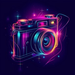 Poster - Neon Dreams: A retro camera design glows with electric colors against a dark backdrop, capturing the vibrant essence of photography in a stylized neon aesthetic.