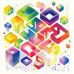 Poster - geometric color harmony: an isometric abstract arrangement of colorful shapes and cubes with vibrant