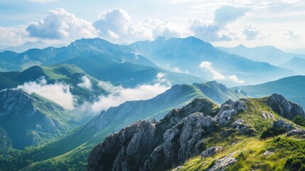 Fototapete - Majestic mountain range with lush greenery and misty clouds under a bright sky in the early morning hours. Generative AI