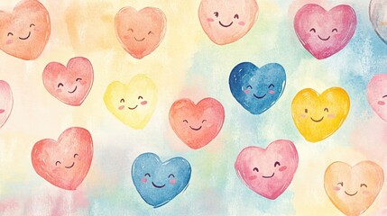 Fototapete - Colorful watercolor hearts with cheerful faces on a soft pastel background for a joyful atmosphere. Generative AI