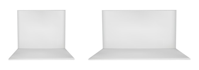 3d booth stand with white wall. Empty cube box interior for trade or fair show. Exhibit template with product display space. Small kiosk with panel inside. Store section view isolated vector area